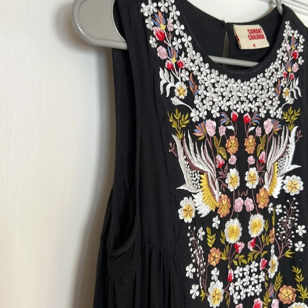 EUC Anthropologie Samant Chauhan Black Embroidered Maxi Dress Floral Gorgeous! - Picture 4 of 6